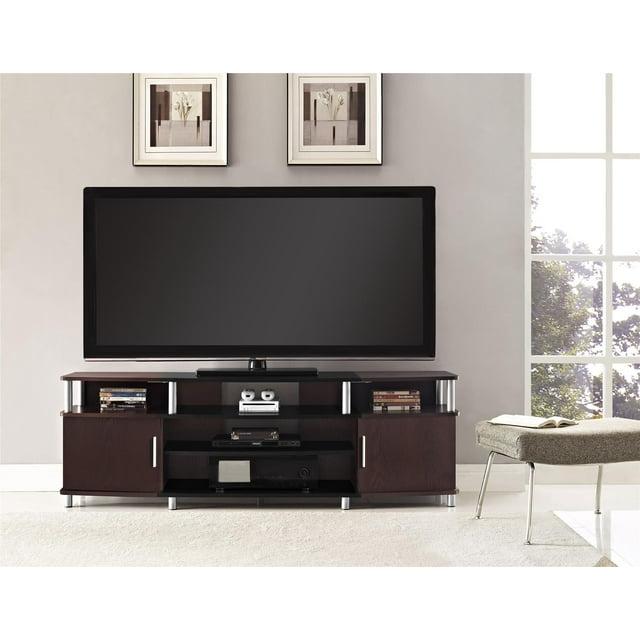 Ameriwood Home Carson TV Stand fits up to 70" with Multiple Open Shelves, Cherry and Black