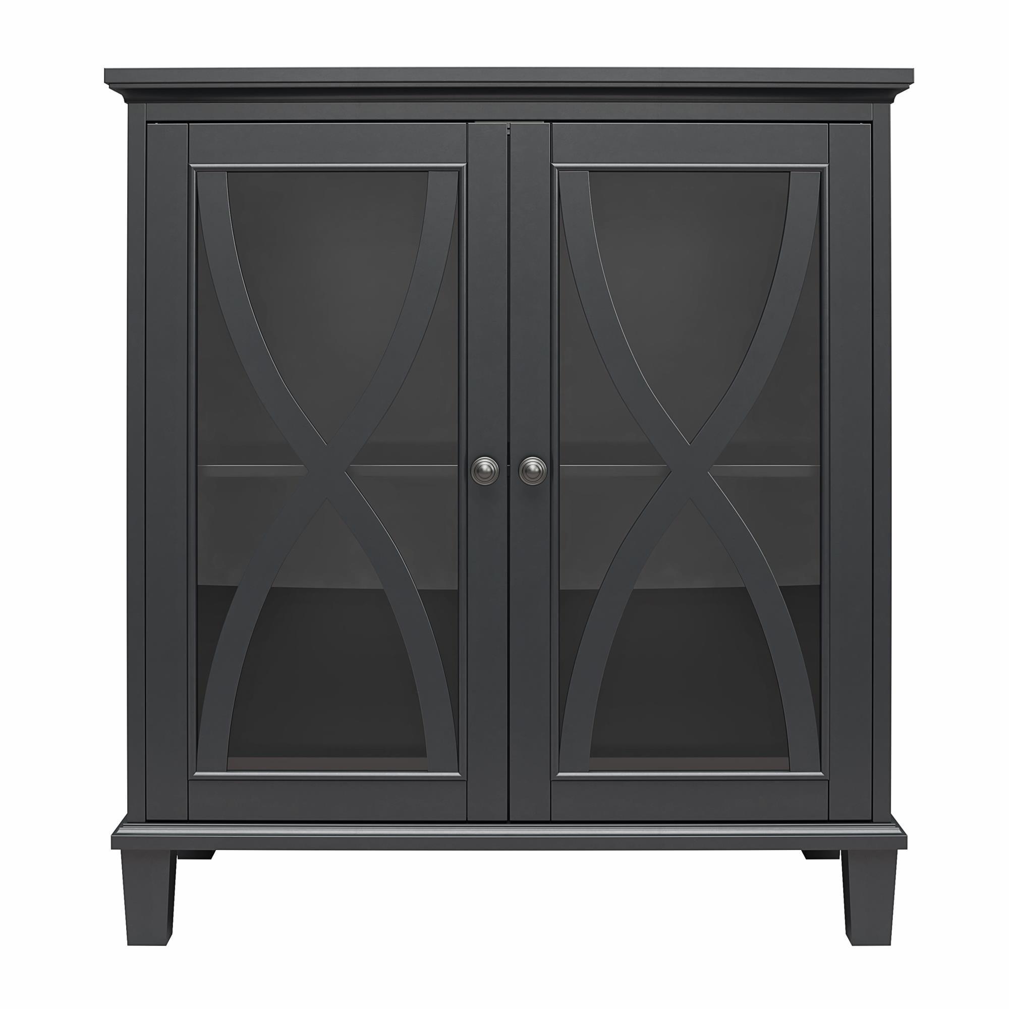 Black Glass-Paned Double Door Accent Cabinet with Adjustable Shelves