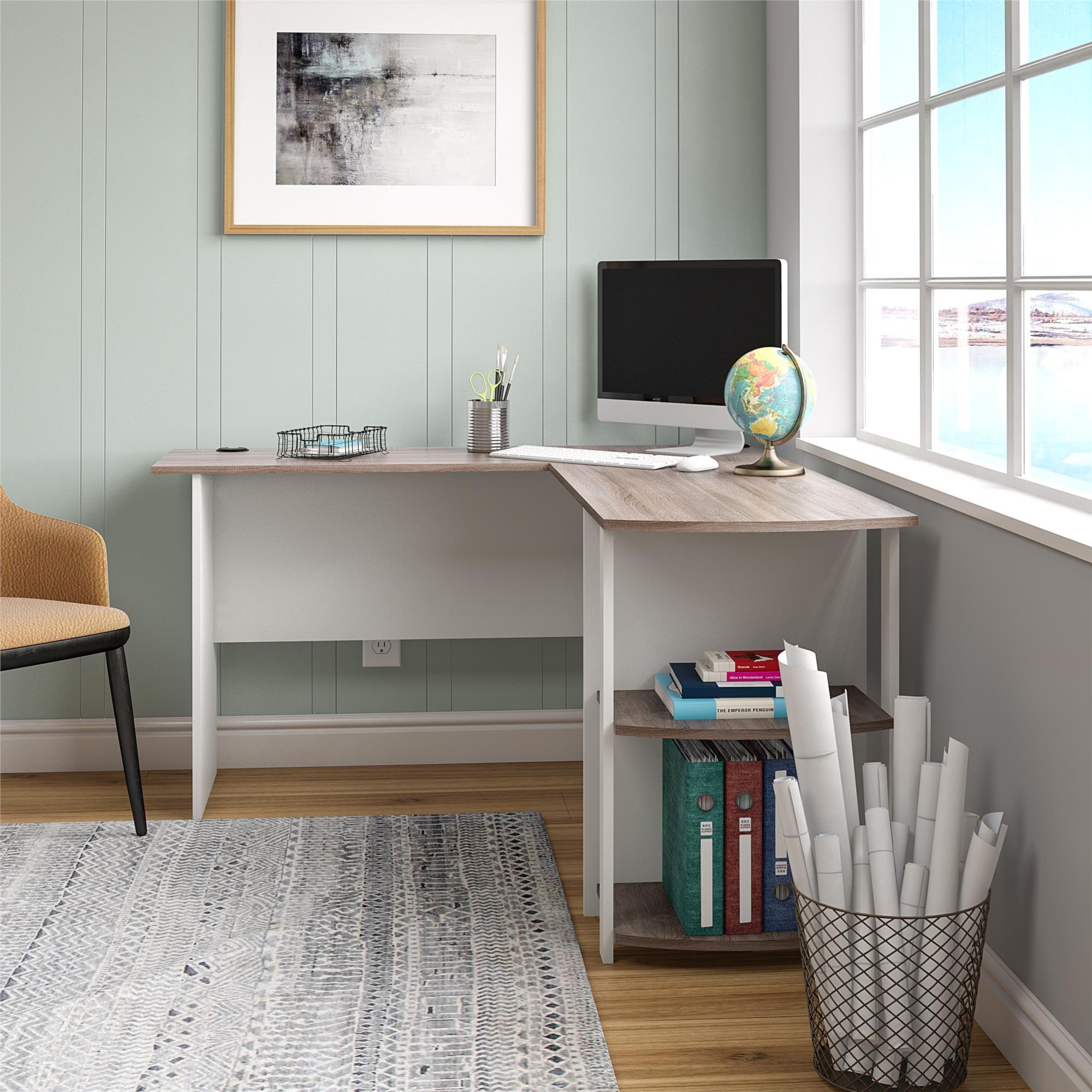 White Wood L-Shaped Computer Desk with Shelves