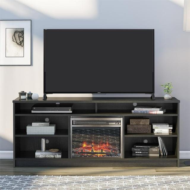 Ameriwood Home Hendrix Electric Fireplace Space Heater TV Stand for TVs up to 65" with 6 Shelves, Black Oak