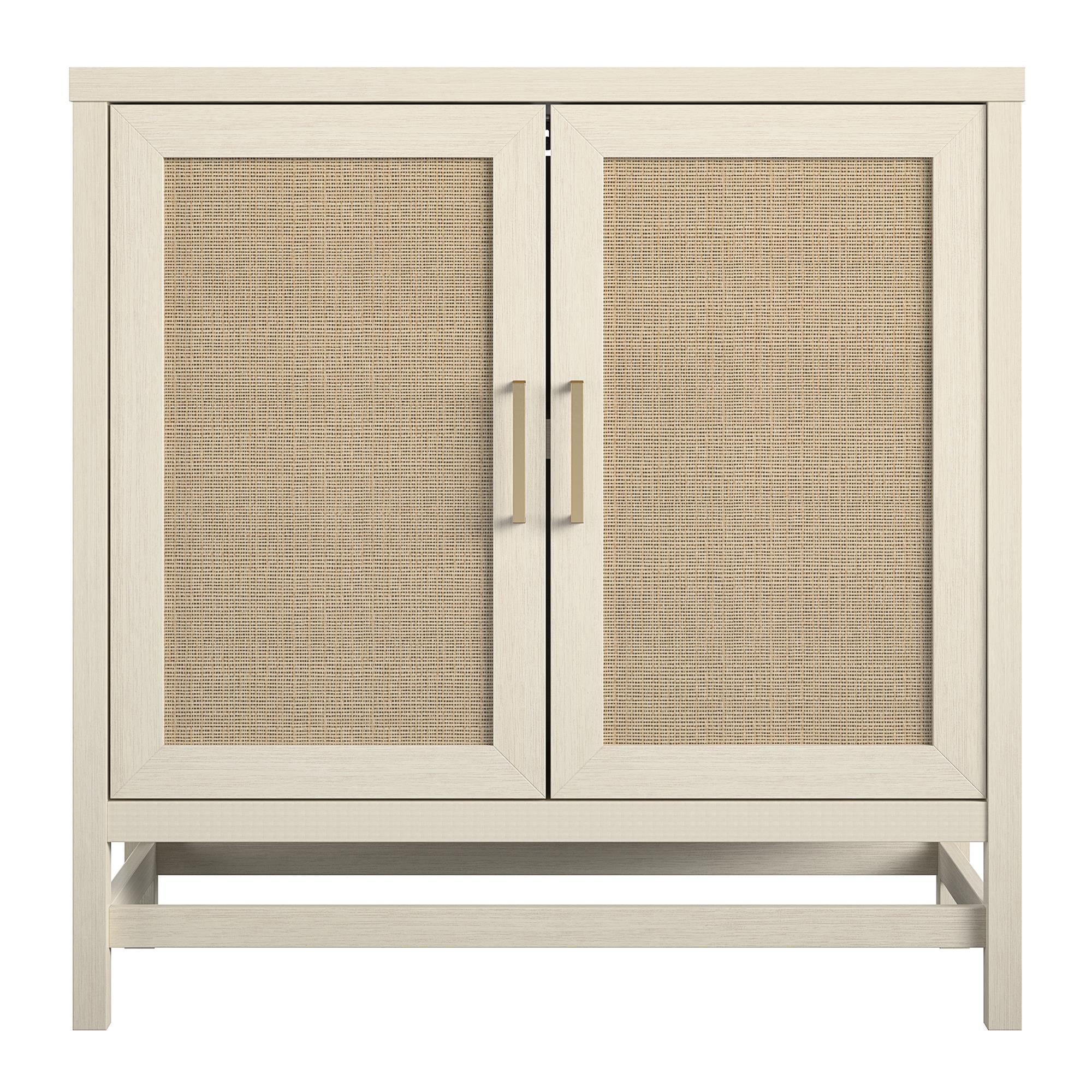 Ivory Oak Adjustable 2-Door Storage Cabinet with Faux Rattan