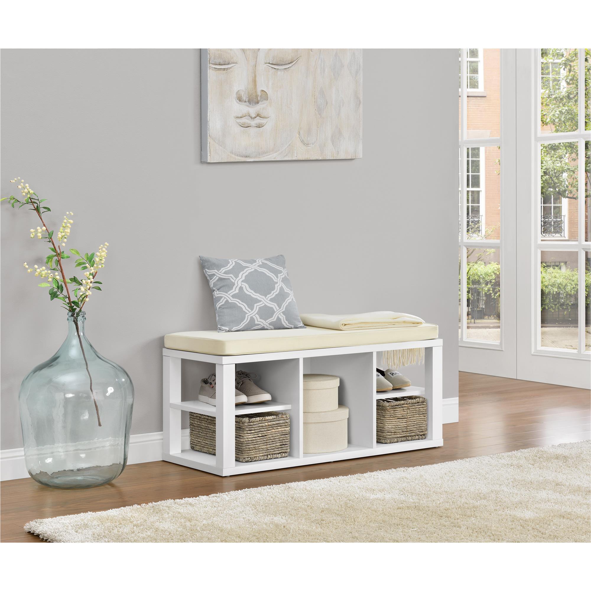 Parsons White Particleboard Storage Bench with Cushion and Open Shelves