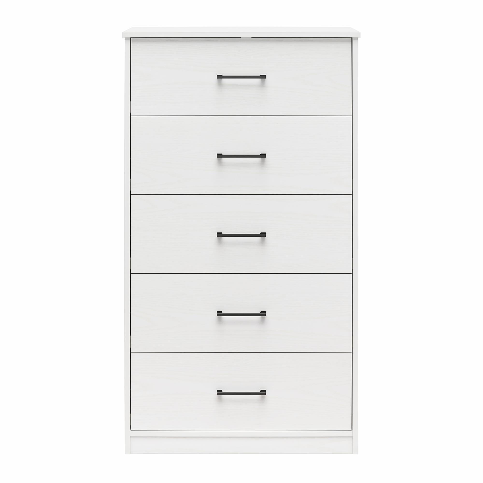 White Tall 5 Drawer Dresser with Metal Handles