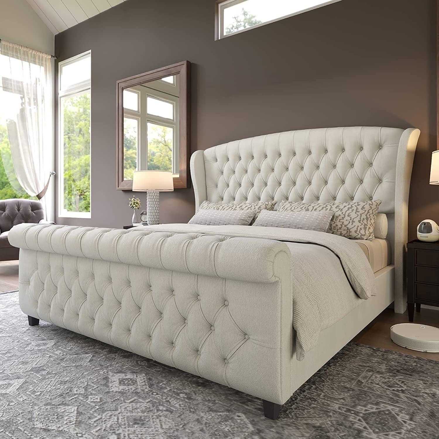 Dulane Chenille Upholstered Sleigh Bed with Scroll Wingback Headboard