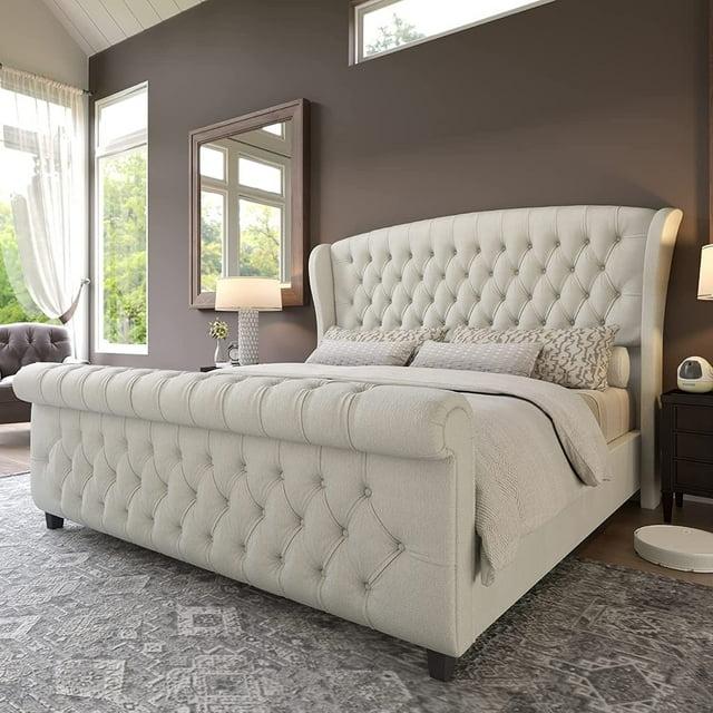 Dulane Chenille Upholstered Sleigh Bed with Scroll Wingback Headboard