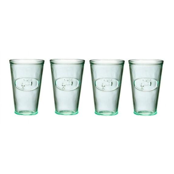 Amici Home Italian Recycled Green Water Tap Hiball Glass, Drinking Glassware with Green Tint, Embossed Water Faucet Icon, Set of 4,16-Ounce