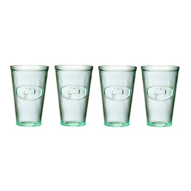 Amici Home Italian Recycled Green Water Tap Hiball Glass, Drinking Glassware with Green Tint, Embossed Water Faucet Icon, Set of 4,16-Ounce
