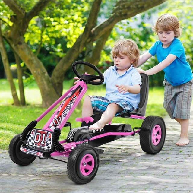 Costway Go Kart 4 Wheel Pedal Powered Kids Ride On Toy with Adjustable Seat Pink