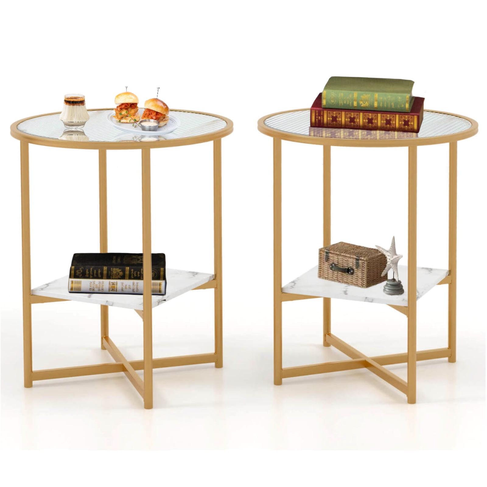 Canddidliike 2-Tier Glass End Table Set of 2 with Faux Marble Storage Shelf-White, Modern Nightstand, End Table for Bedroom Living Room