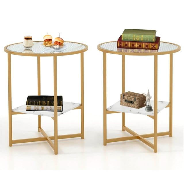 Kepooman End Tables,Side End Table,Nightstand,2-Tier Glass End Table Set of 2 with Faux Marble Storage Shelf-White