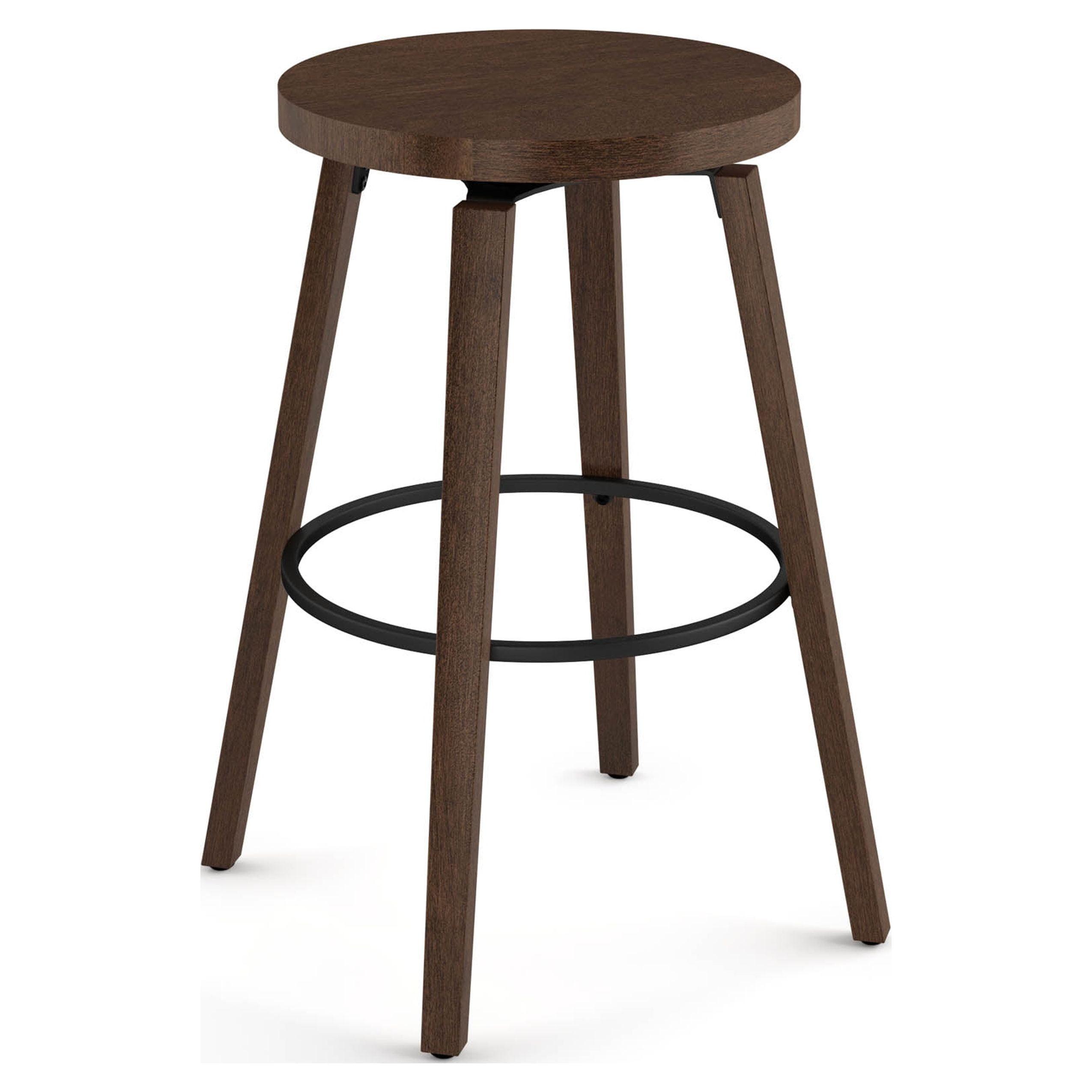 Brown Wood and Black Metal Swivel Backless Counter Stool