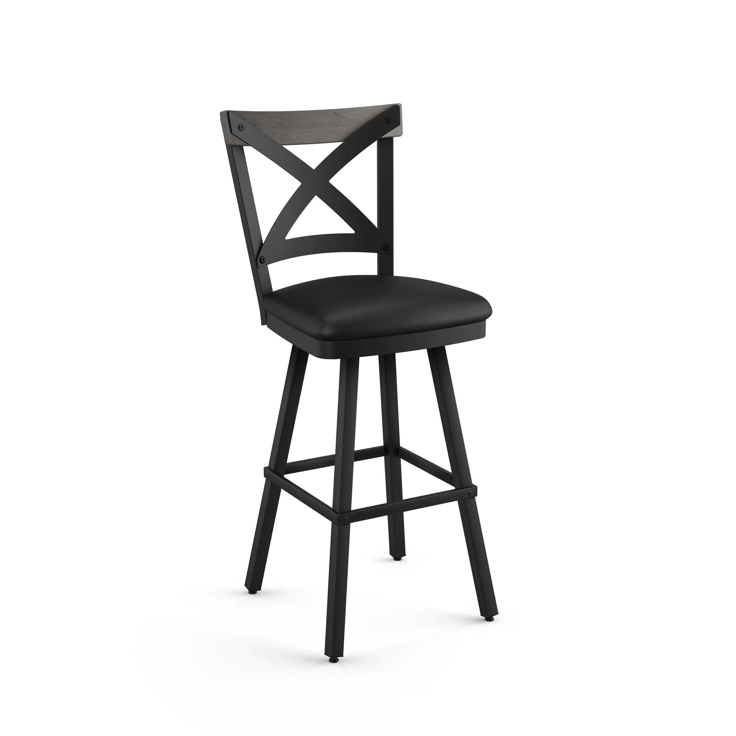 Snyder 28.5" Farmhouse Swivel Counter Stool in Black Leather & Grey Wood