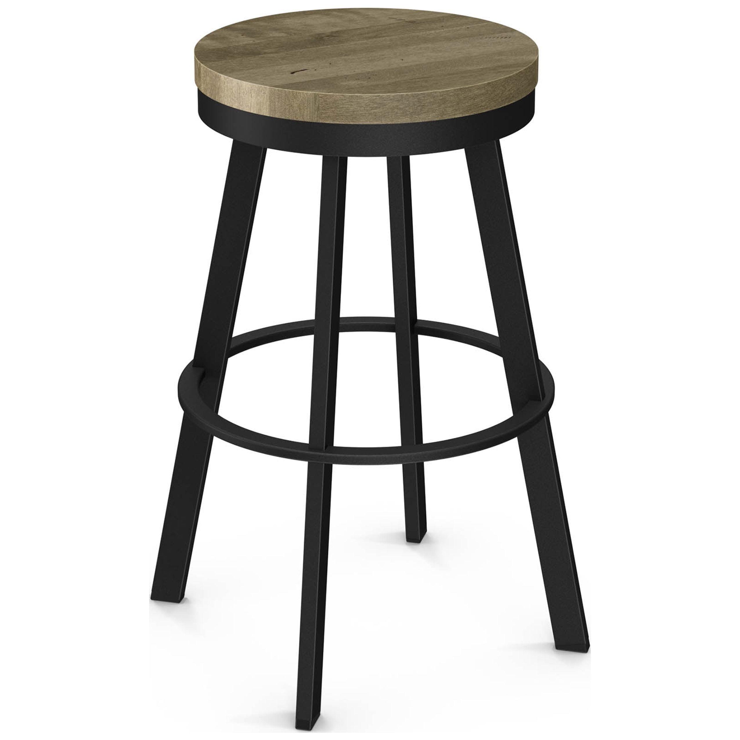 Beige Distressed Wood and Black Metal Swivel Counter Stool