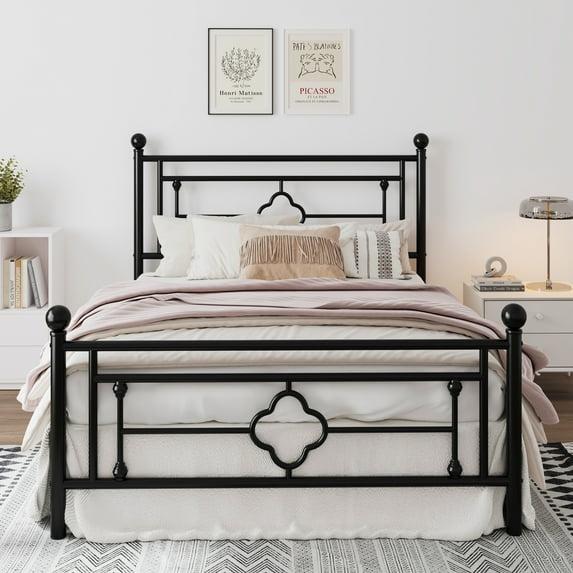 Amolife Full Size Metal Platform Bed Frame with Vintage Cross Pattern Headboard&Footboard, Black