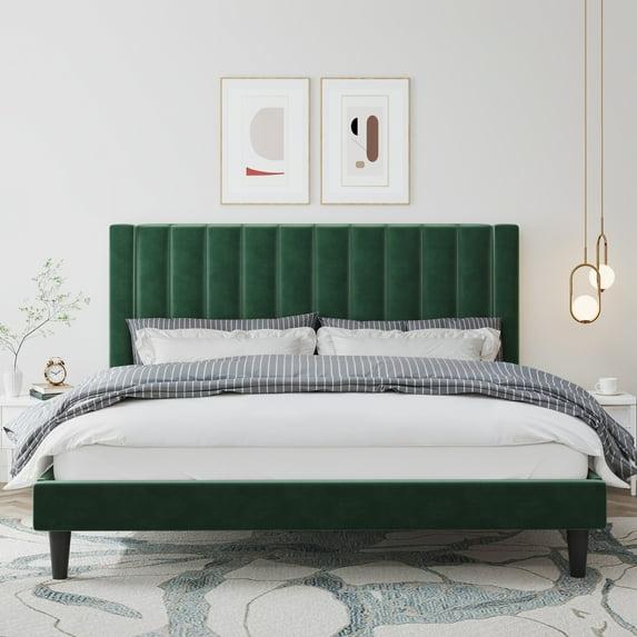 Allewie Queen Velvet Upholstered Bed Frame with Vertical Channel Tufted Headboard, Green