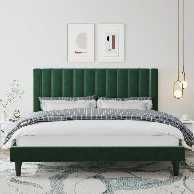 Allewie Queen Velvet Upholstered Bed Frame with Vertical Channel Tufted Headboard, Green