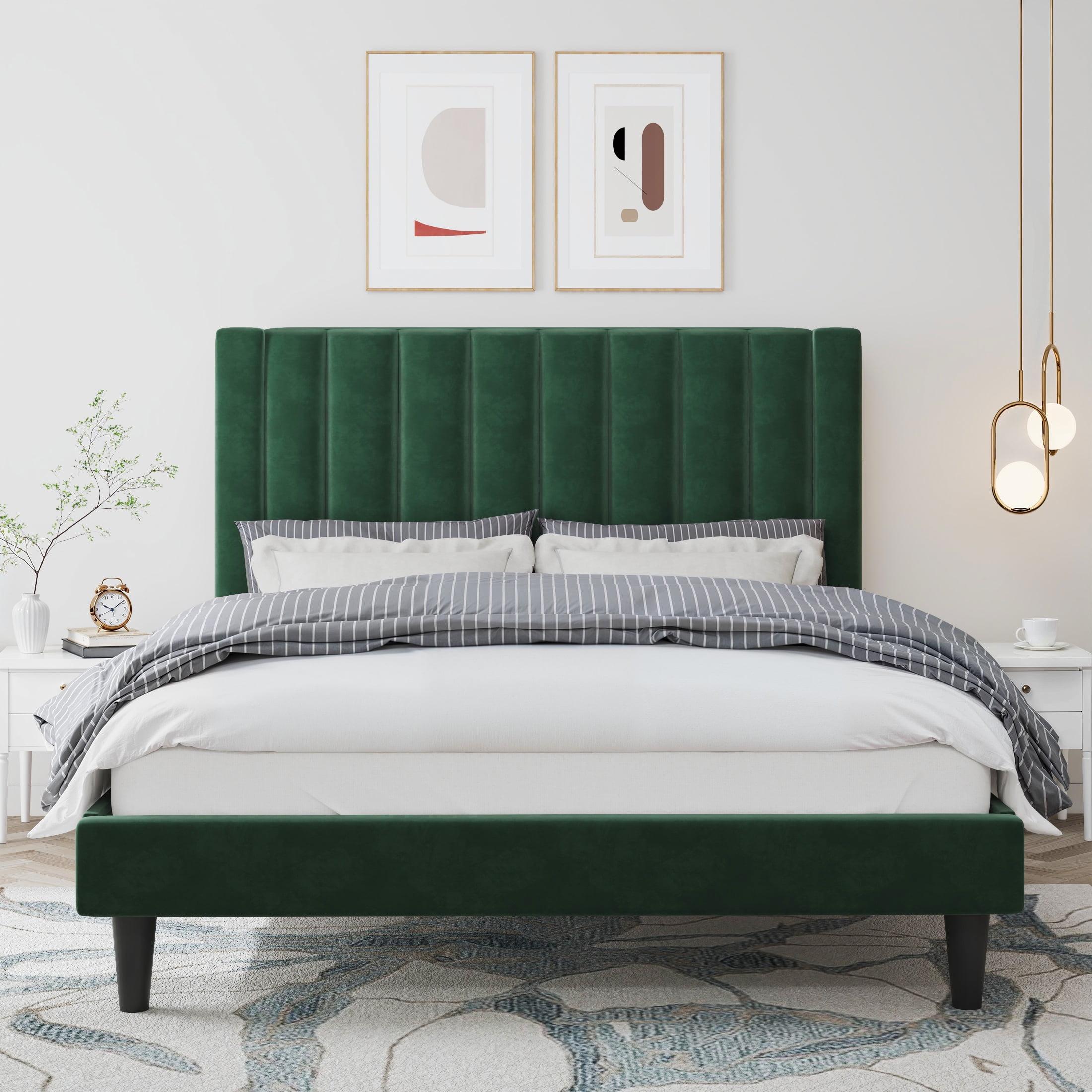 Einfach Queen Size Platform Bed Frame with Upholstered Velvet Vertical Headboard, Green