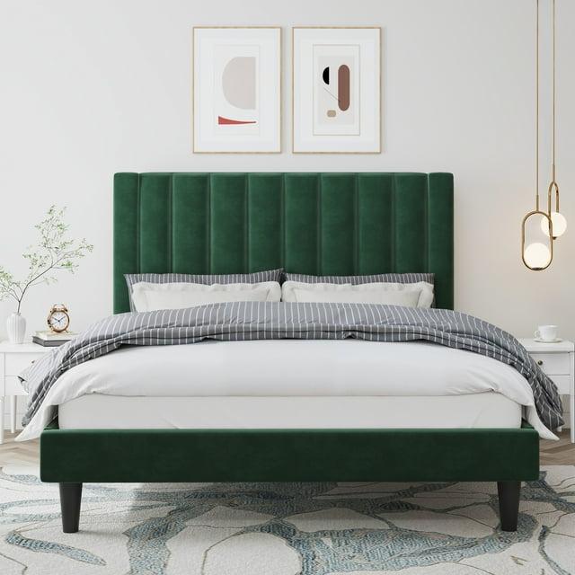 Einfach Queen Size Platform Bed Frame with Upholstered Velvet Vertical Headboard, Green