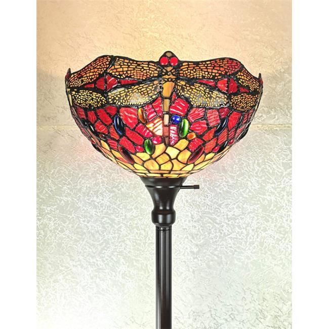 Elegant Dragonfly Torchiere Floor Lamp with Stained Glass Shade