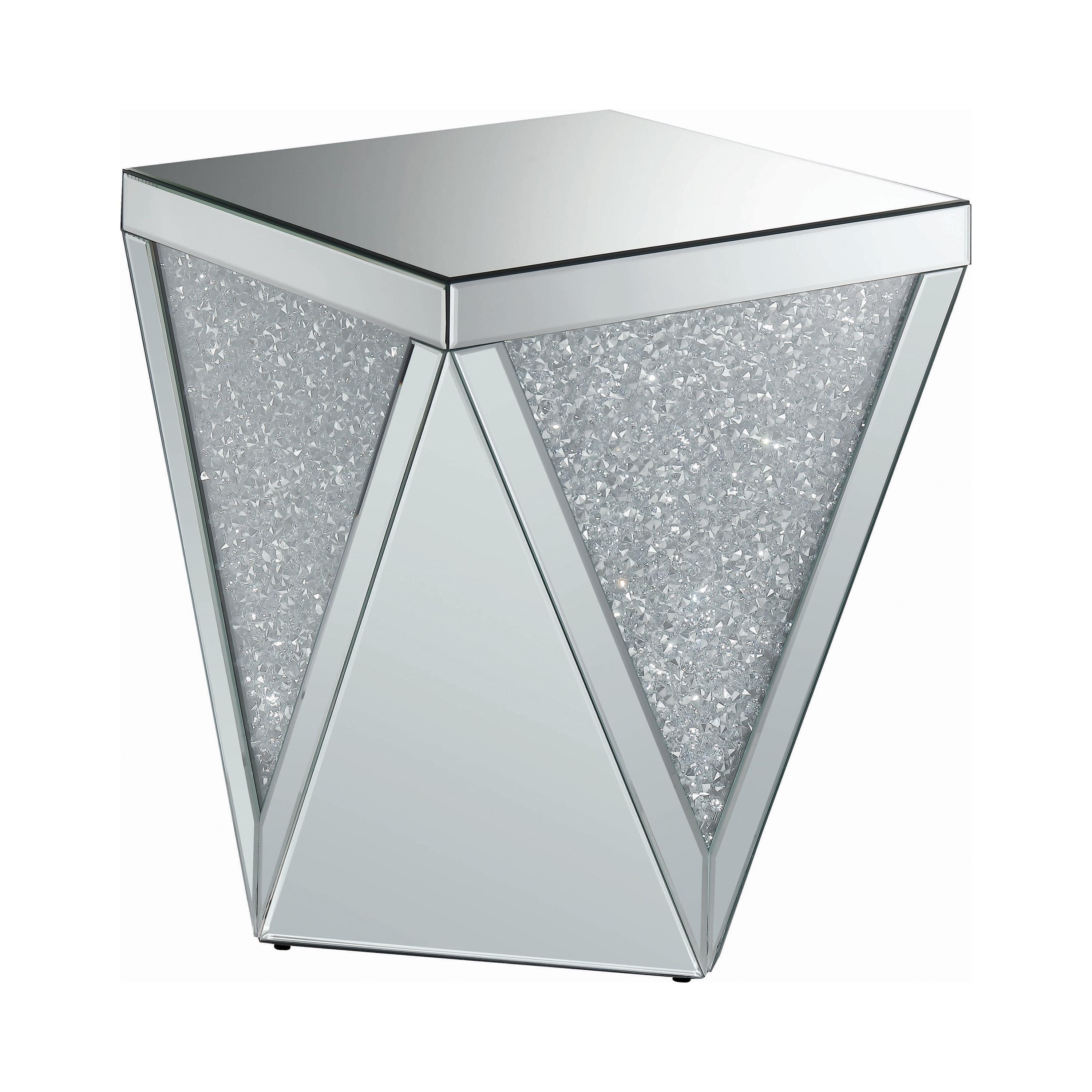 Contemporary Silver Mirrored Square End Table with Triangular Detailing