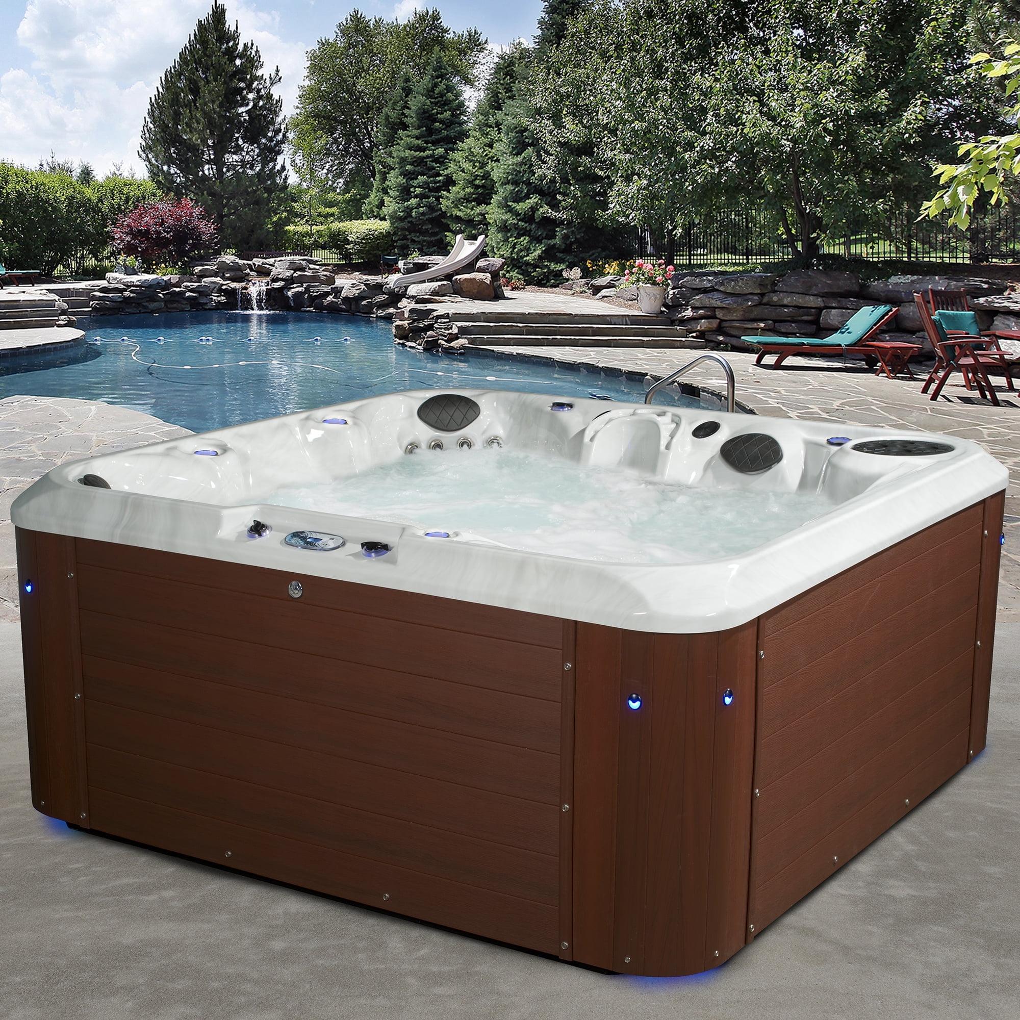 Amplified 6-Person 100-Jet Double-Lounger Hot Tub Spa with Bluetooth Stereo, 3 Pumps, LED Lighting, Stainless Steel Heater and Ozonator, Insulated Cover and Steps Included