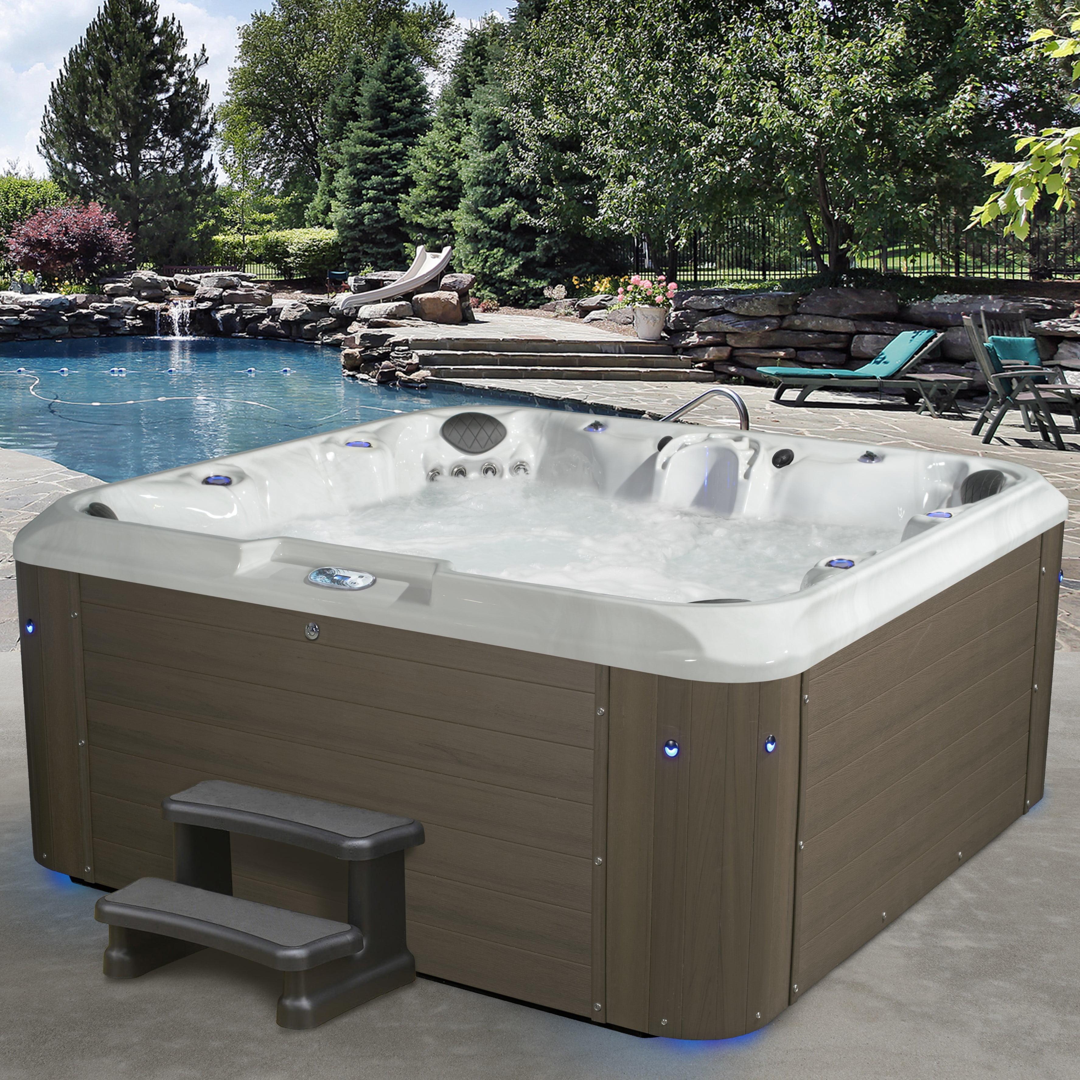 Amplified 7-Person 100-Jet Non-Lounger Hot Tub Spa with Bluetooth Stereo, 3 Pumps, LED Lighting, Stainless Steel Heater and Ozonator, Insulated Cover and Steps Included