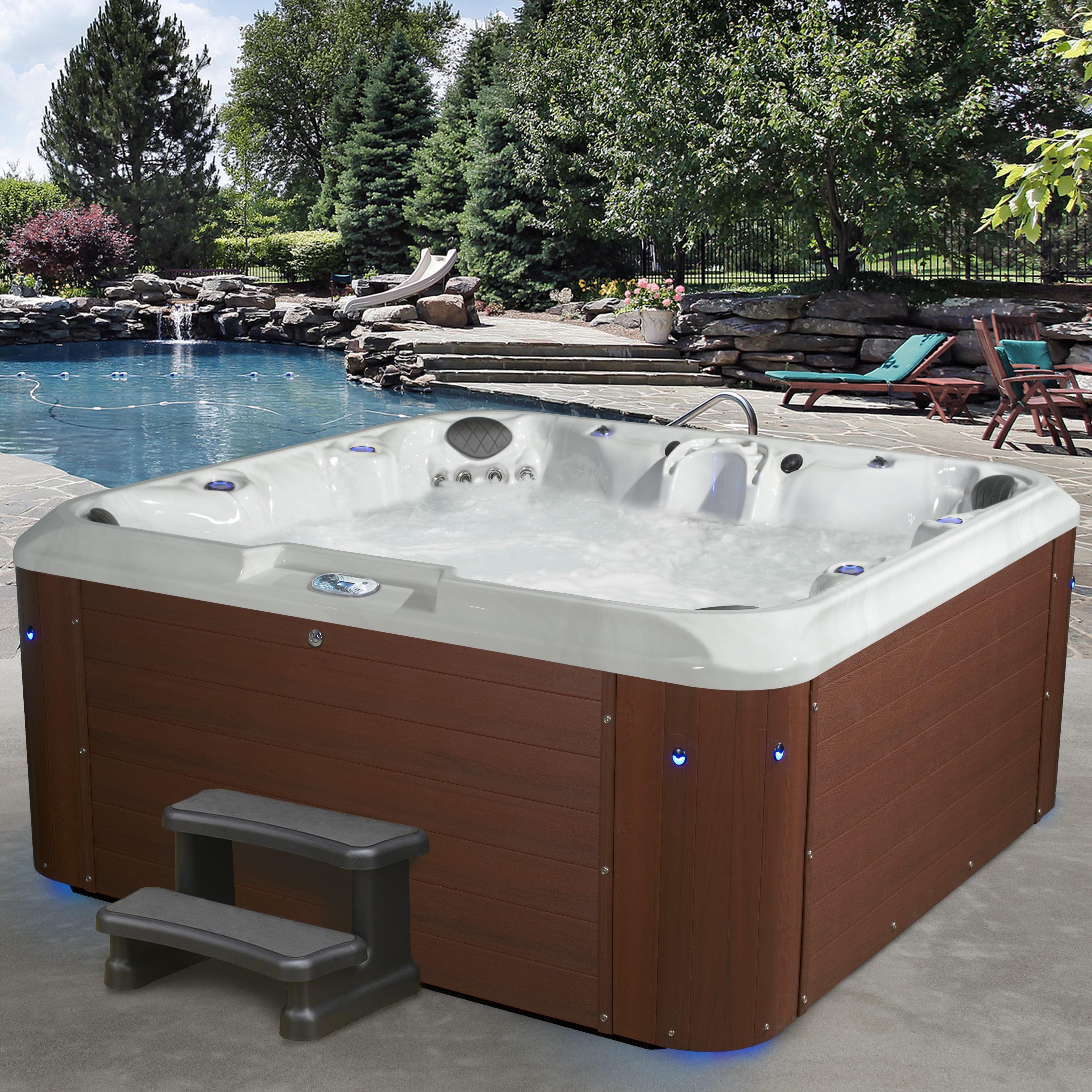 Amplified 7-Person 100-Jet Non-Lounger Hot Tub Spa with Bluetooth Stereo, 3 Pumps, LED Lighting, Stainless Steel Heater and Ozonator, Insulated Cover and Steps Included