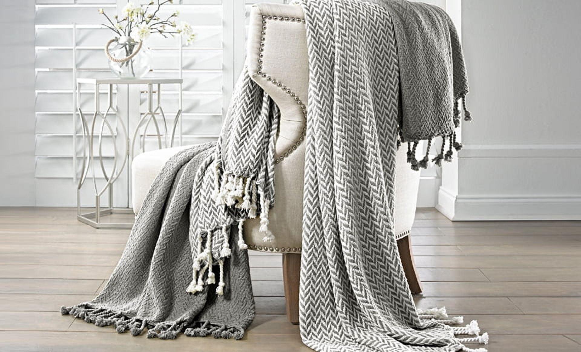 Monaco Chic 100% Cotton Reversible Throw with Tassels, 50" x 60", Gray