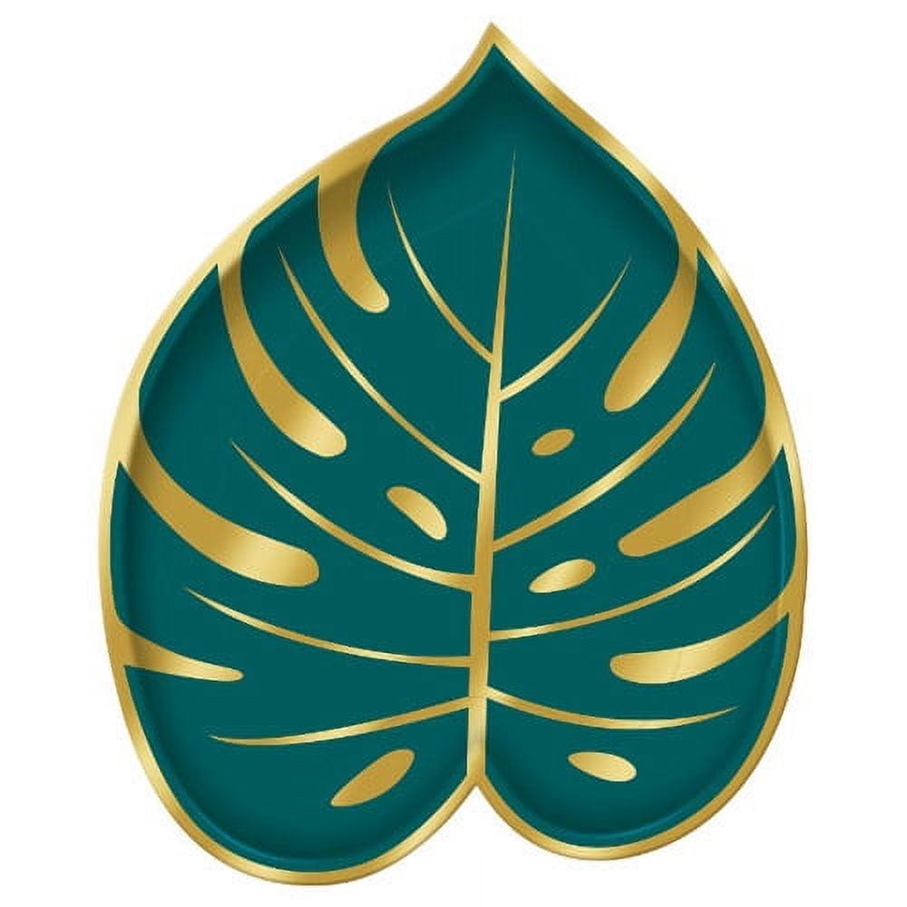 Amscan Key West Palm Leaf-Shaped Metallic Paper Plates, 7" x 9", Green, 8 Plates