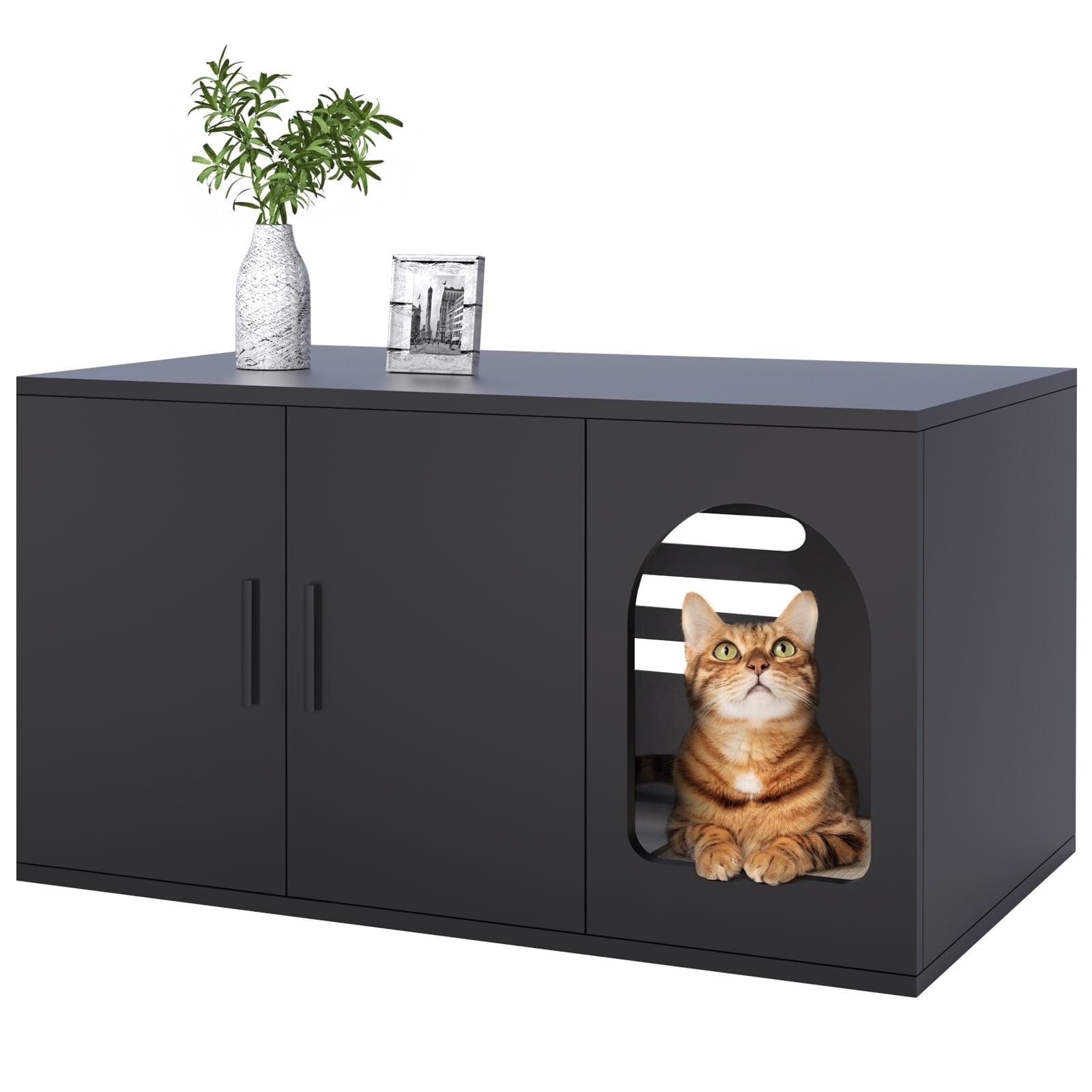 Amunrbrek Cat Litter Box Enclosure Furniture as End Side Table, Stackable Wooden Litter Box Furniture with Front-entry Cat Door , Black