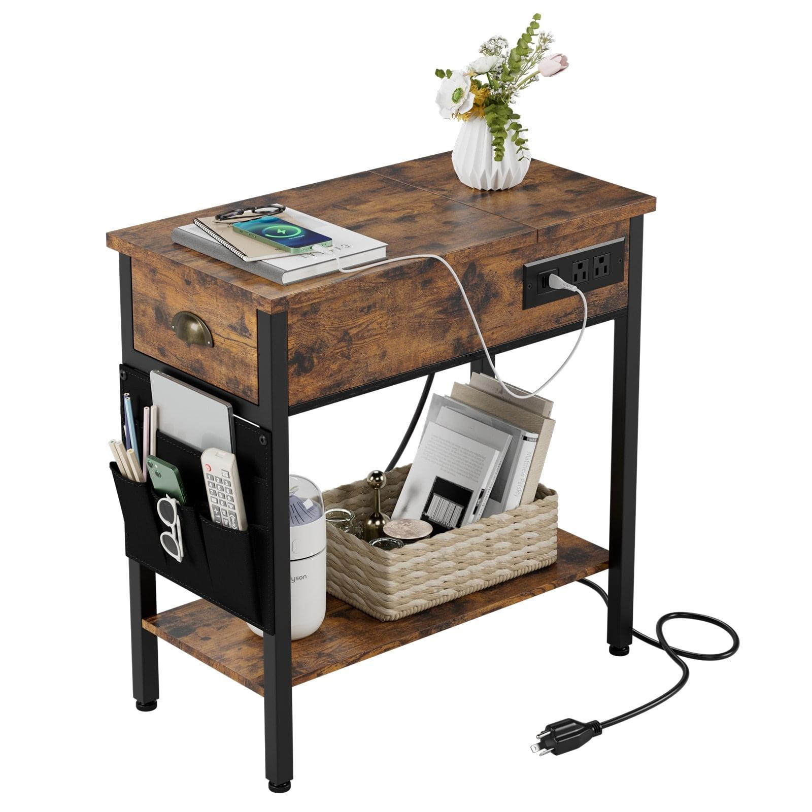 Brown Wood and Metal End Table with Storage and Charging Station