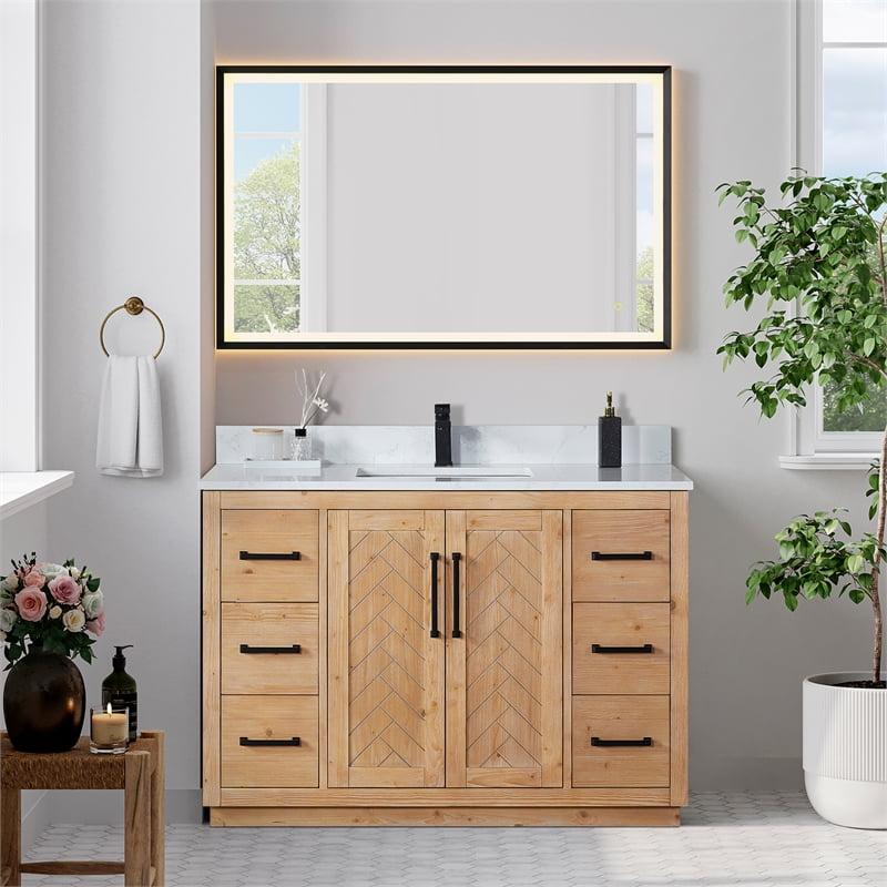 Anais 48" Light Brown Wood Vanity with White Stone Top and Mirror