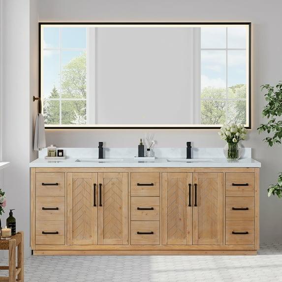 Tocador de Madera Anais de 84" en Marrón Claro con Tapa de Piedra Compuesta Blanca y Espejo
