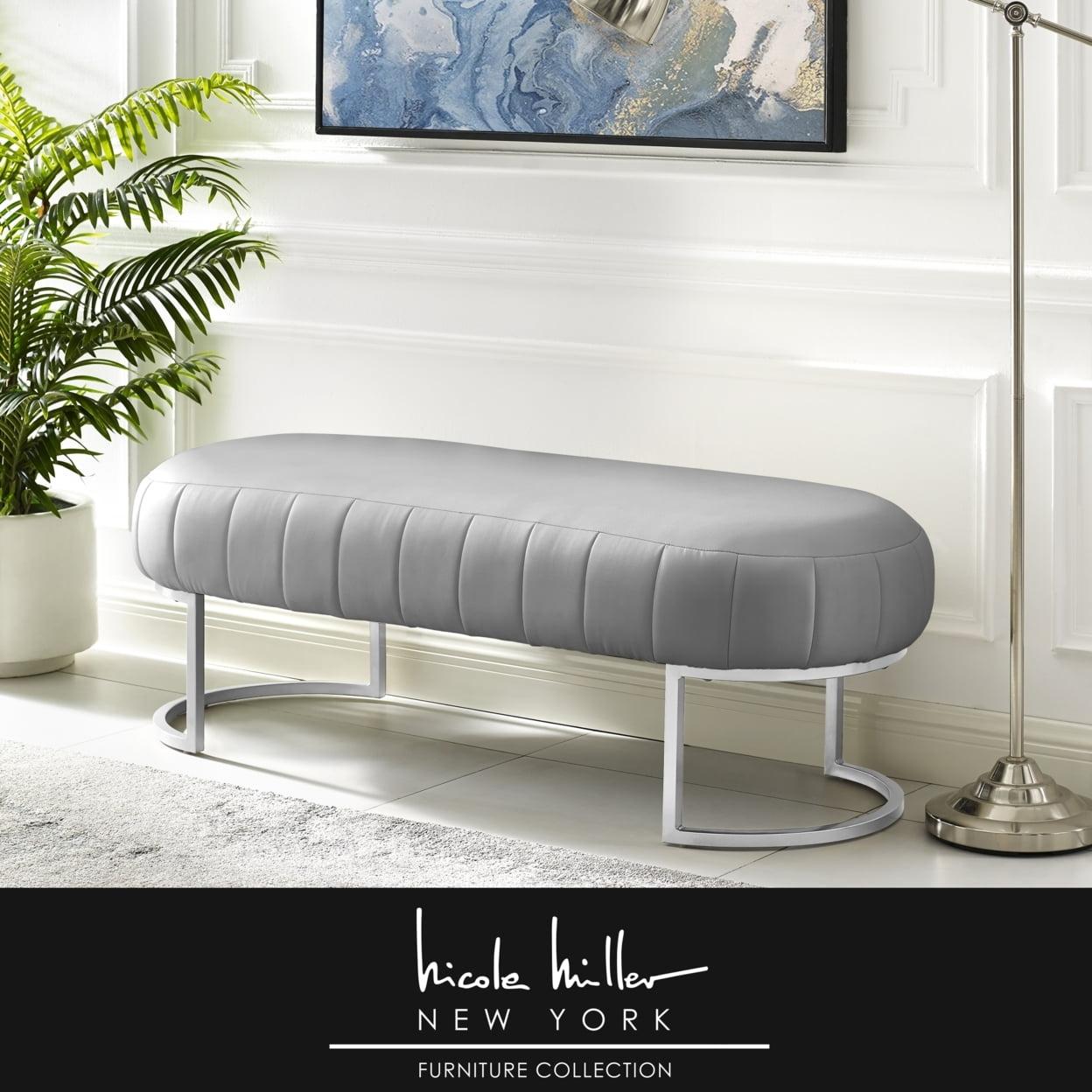 Anakin 53" Grey and Silver Leather Bench with Matte Metal Base