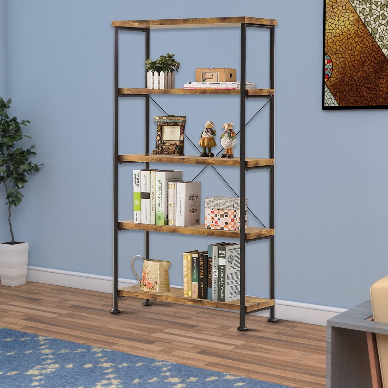 Transitional Antique Nutmeg and Black Steel Tall Bookcase