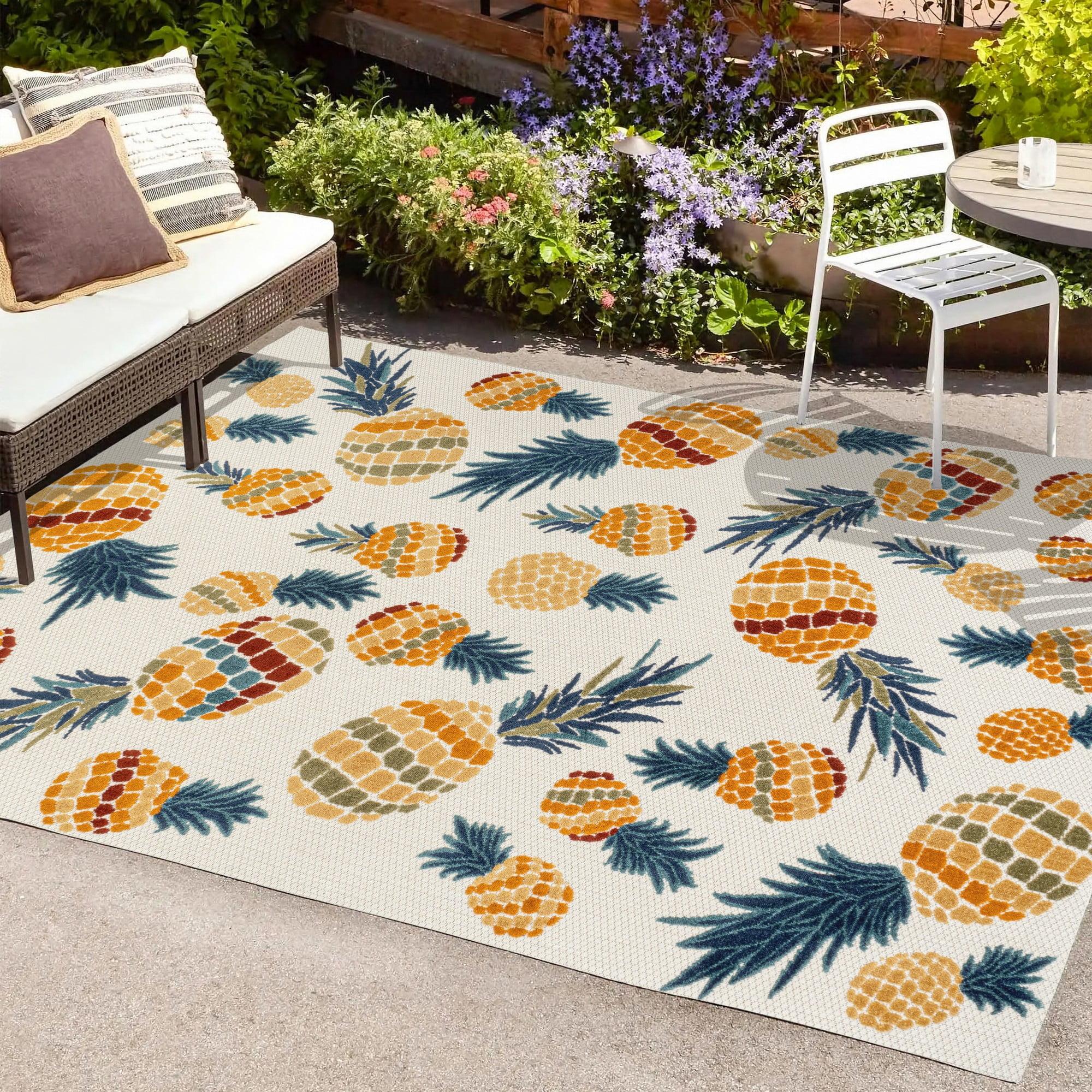 3' x 5' Ananas Bold Pineapple High-Low Indoor/Outdoor Area Rug, Orange/Navy - JONATHAN Y