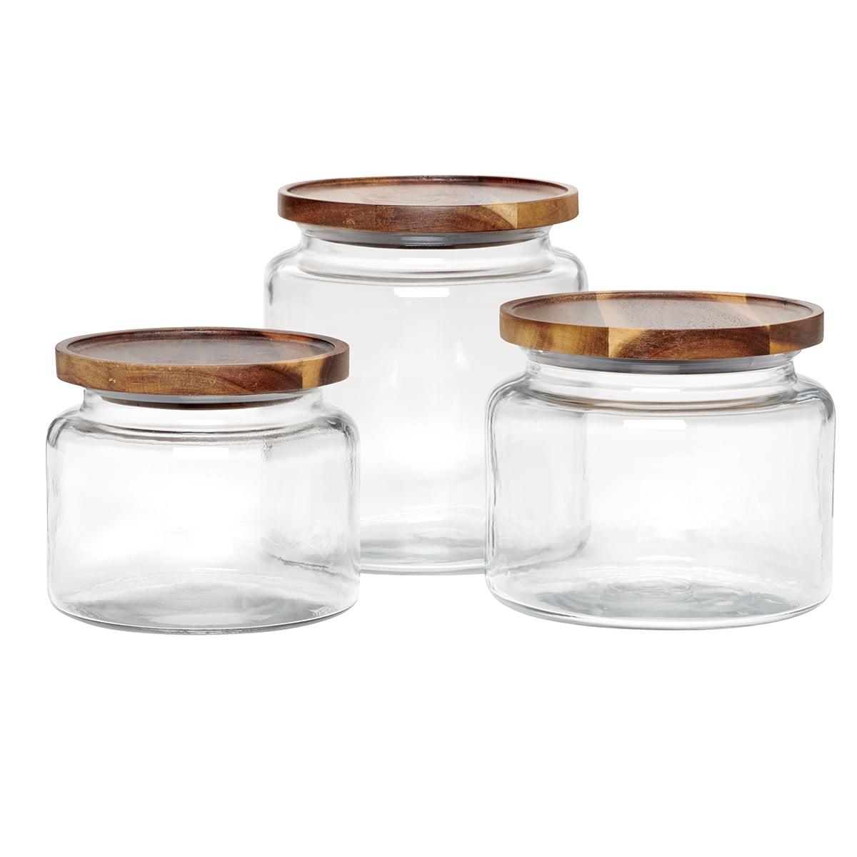 Clear Glass Food Storage Jars with Acacia Lids, Set of 3