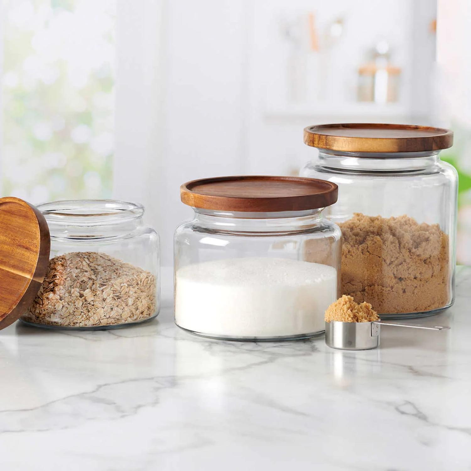 Clear Glass Food Storage Jars with Acacia Lids, Set of 3