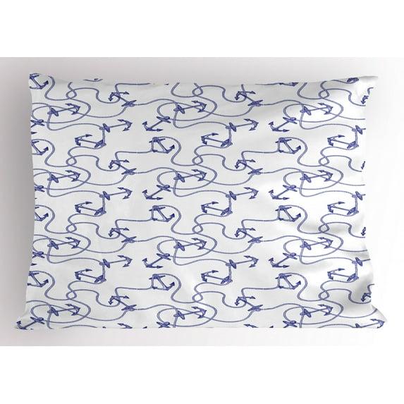 Anchor Pillow Sham Hand Drawn Anchors and Entangled Ropes Nautical Equipment Artwork Monochrome, Decorative Standard Size Printed Pillowcase, 26 X 20 Inches, Navy Blue White, by Ambesonne