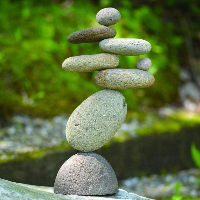 Ancient Graffiti Eight Stone Cairns Garden Sculpture – Natural River Rock Zen Yard Décor, Outdoor Stone Stack Ornament, 14"