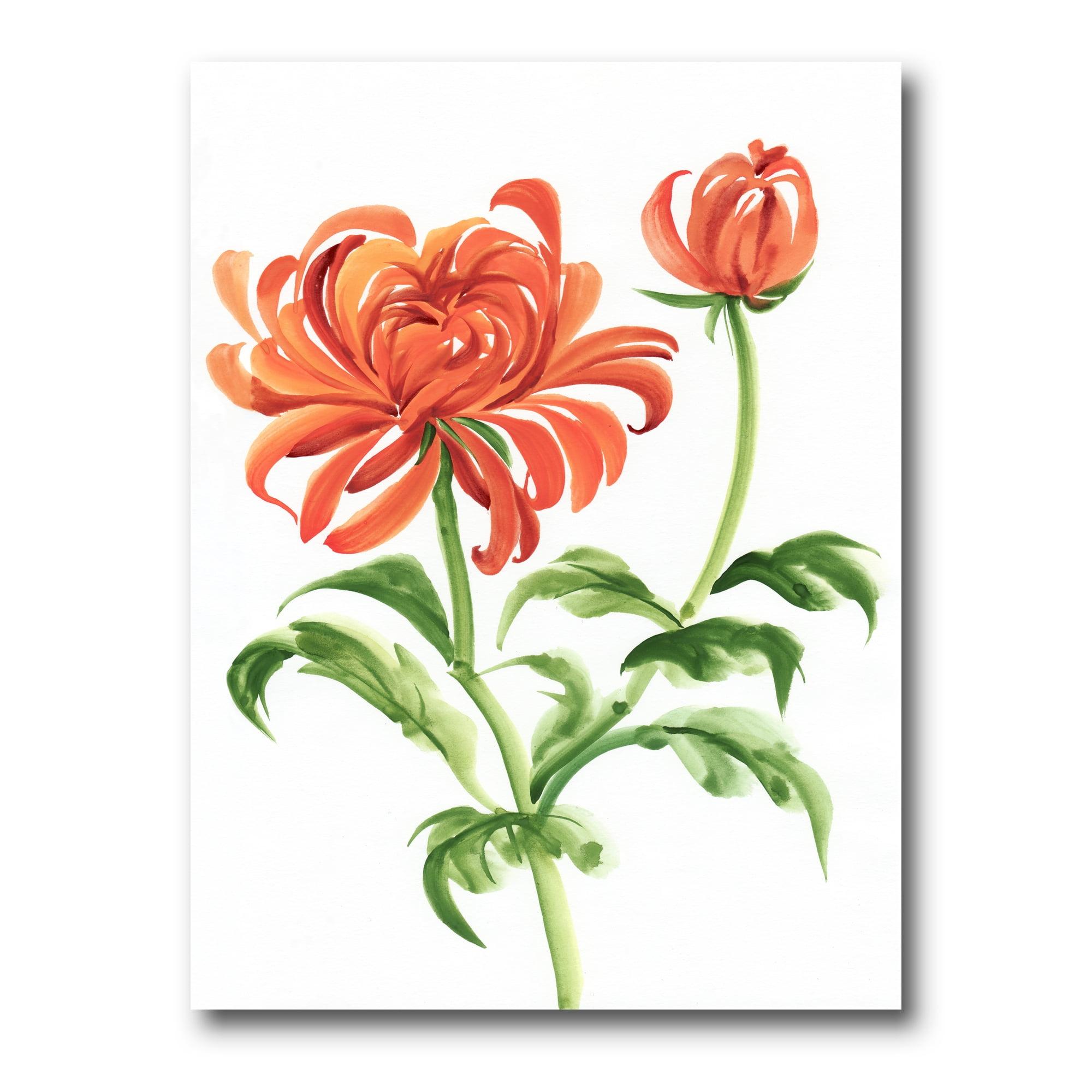 Ancient Orange Chrysanthemum Flower 16 in x 32 in Painting Canvas Art Print, by Designart