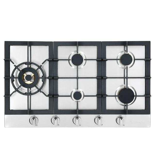 Ancona 34" Stainless Steel Recessed Gas Cooktop With 5 Brass Burners