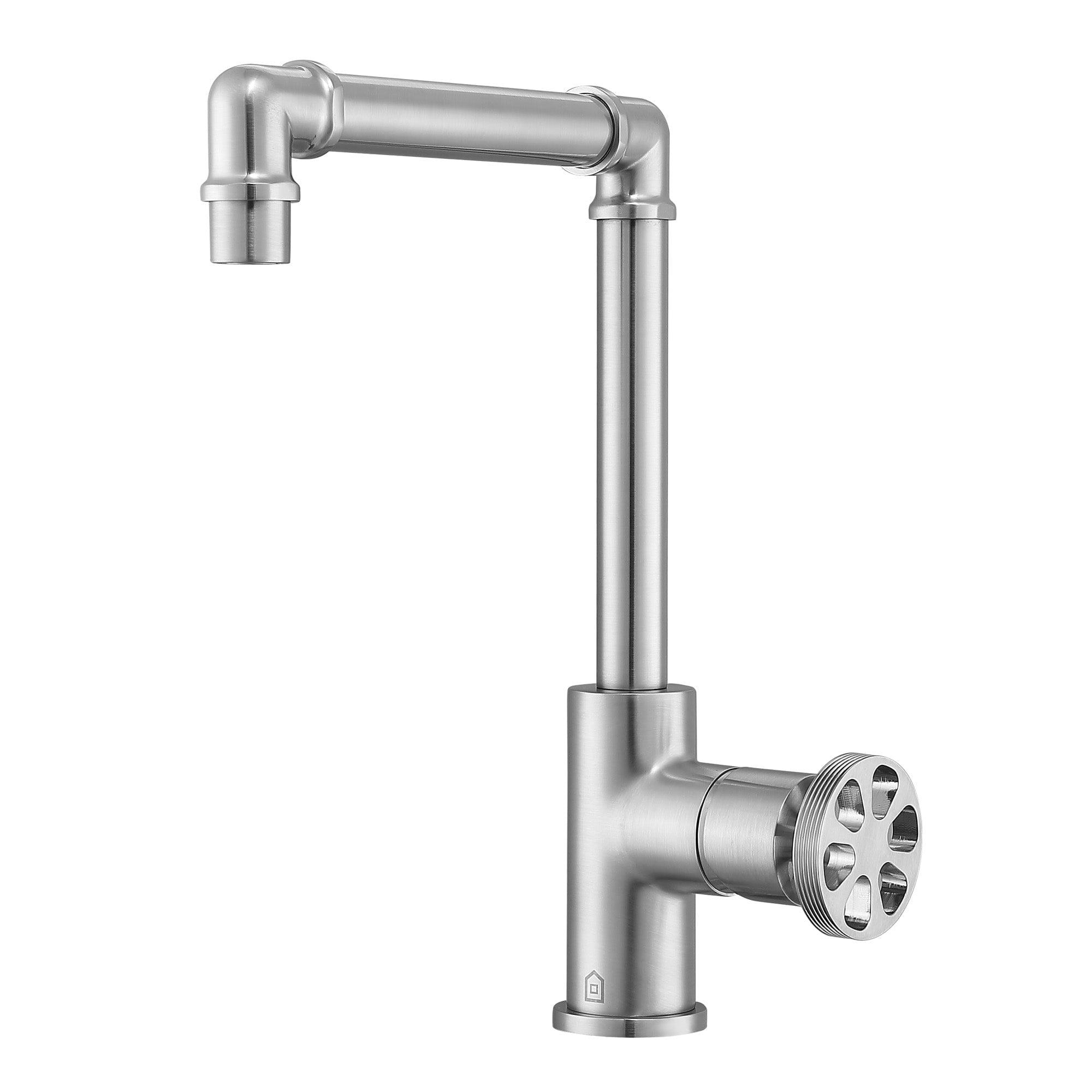 Brushed Nickel Industrial Single-Hole Bathroom Faucet with Wheel Handle