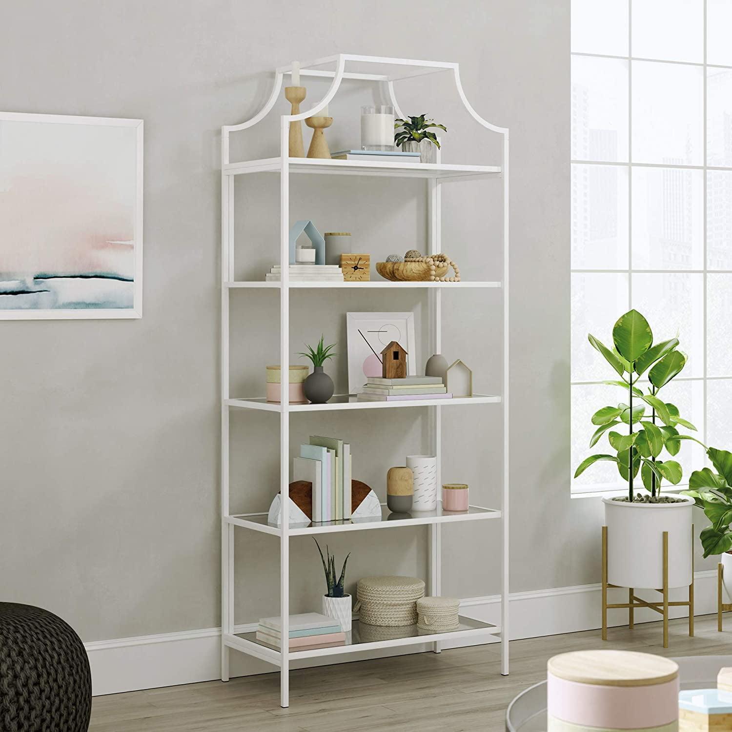 Elevate White Metal & Glass 5-Shelf Modern Bookcase