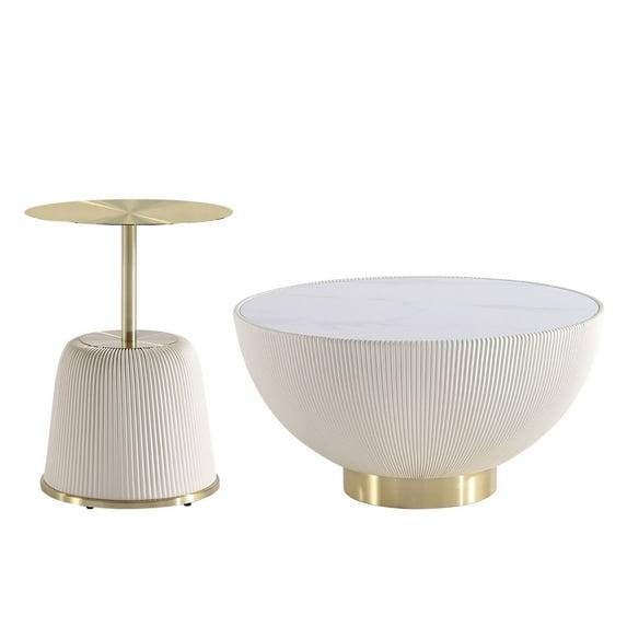 Manhattan Comfort 2pc Anderson Leatherette Upholstered Coffee Table and End Table with Metal Top Set Cream: Gold Finish, No Assembly Required