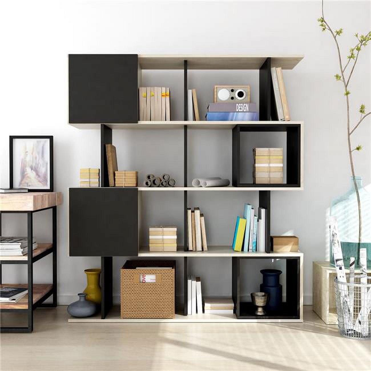 Black and Natural Wood Geometric Bookcase with Doors