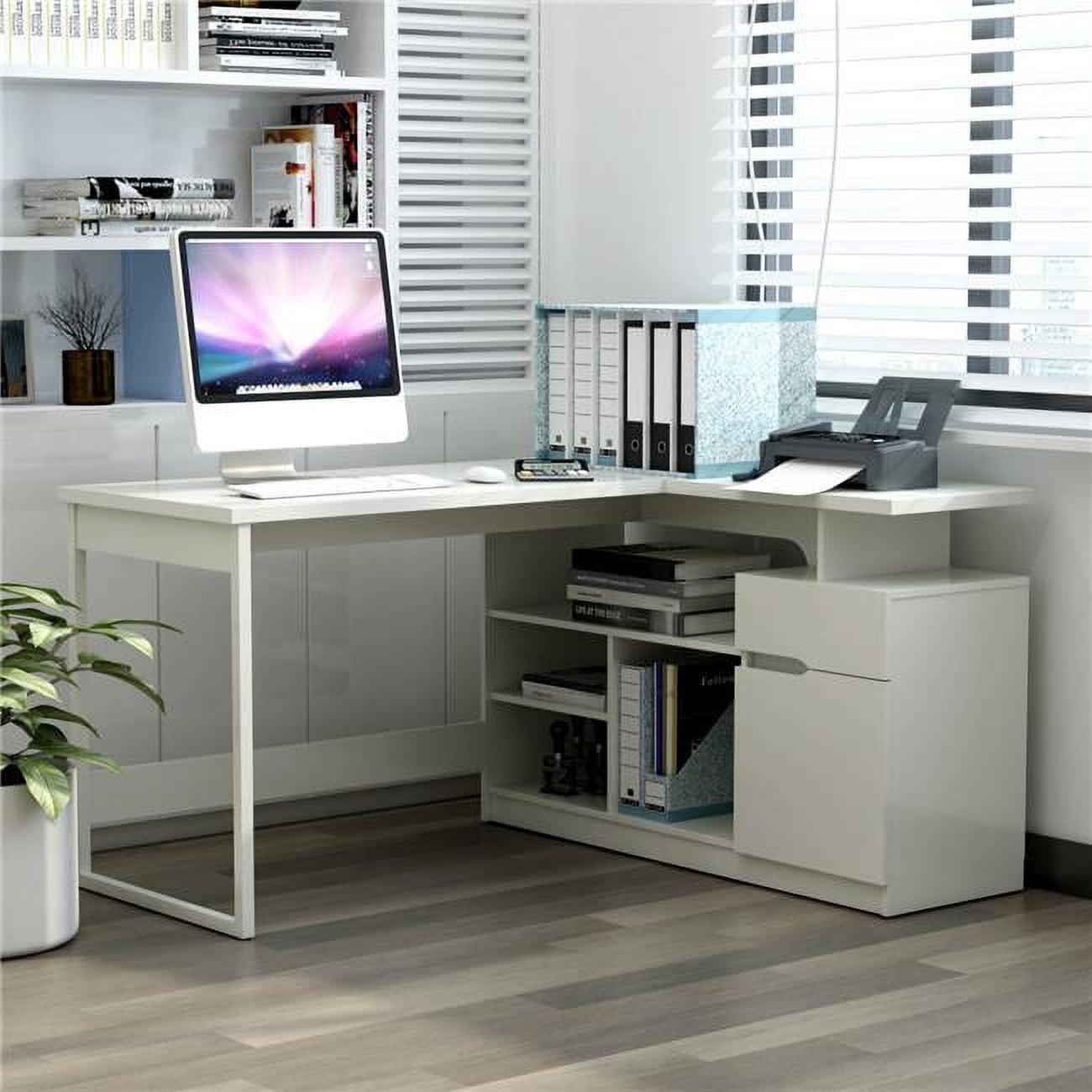 Glossy White L-Shaped Corner Computer Desk with Drawer