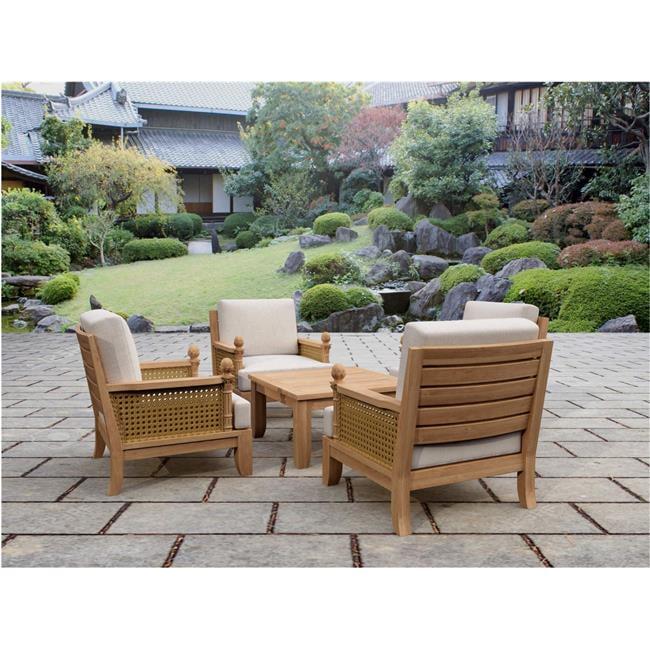 Natural Finish Teak and Rattan 5-Piece Outdoor Seating Set