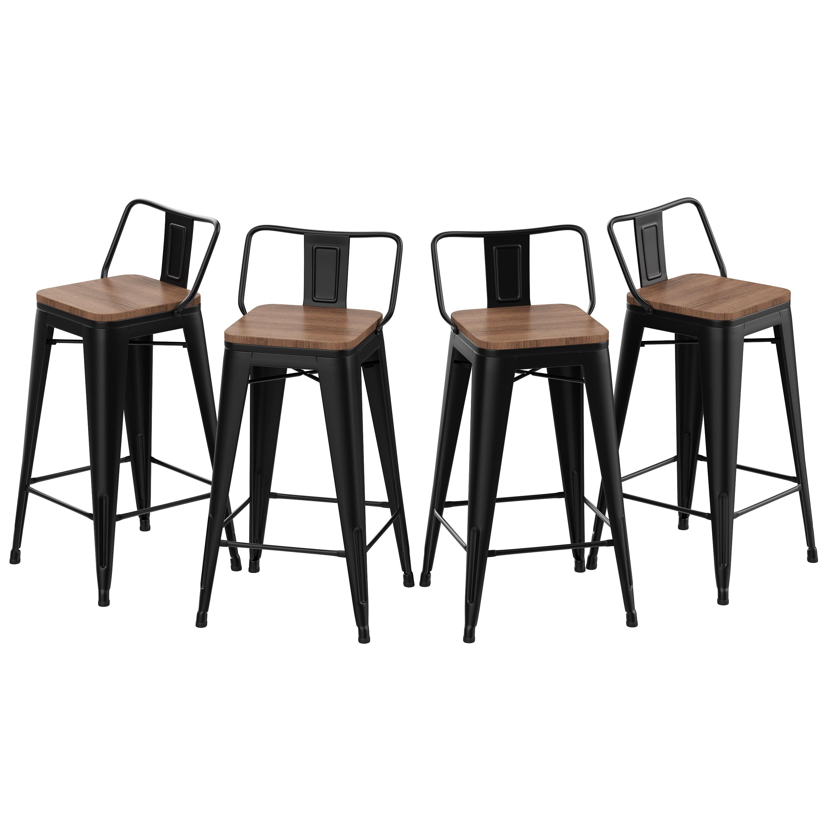 U-SHARE 24'' Metal Bar Stool 4PCS Low Back Conuter Stools for Indoor/Outdoor Barstools Metal Black Stools Bar Chairs w/Wooden Seat Metal Leg Industrial Counter Height Stools Black