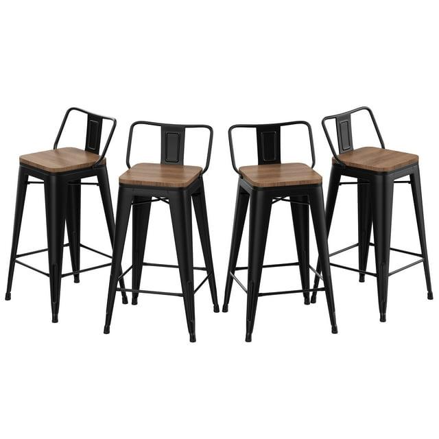 Killeryuki 24'' Metal Bar Stool 4PCS Low Back Conuter Stools for Indoor/Outdoor Barstools Metal Black Stools Bar Chairs w/Wooden Seat Metal Leg Industrial Counter Height Stools Black